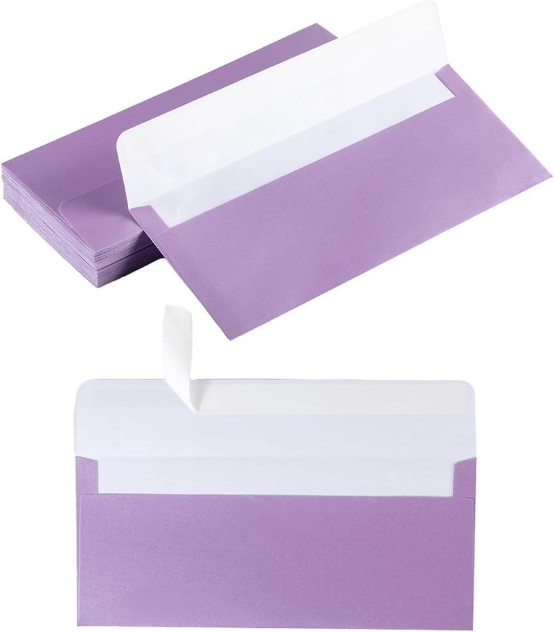 Wishop 50 Pack Shiny #10 Business Envelopes Self Seal Standard Envelopes with Gold Stickers for Office Checks, Business Cards, Letter Mailing Invoices, 4.13 x 9.49 Inches (Light Purple) - Image 1